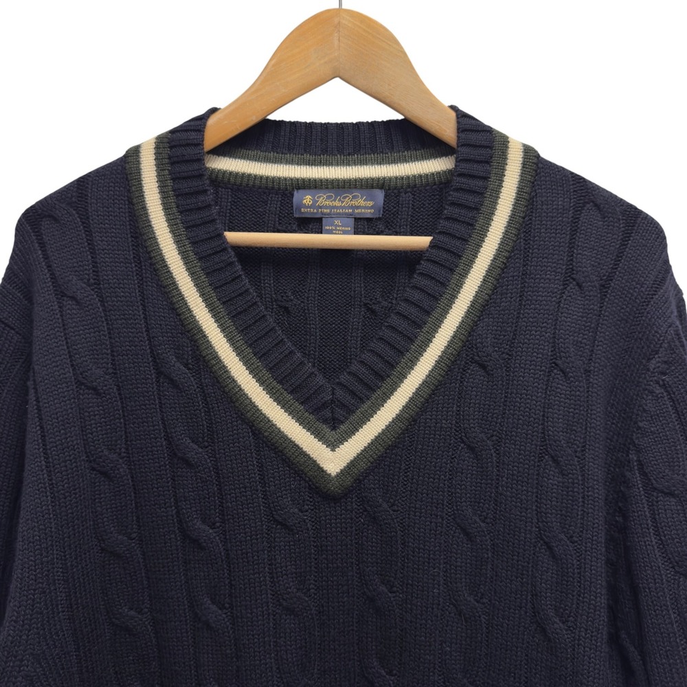 Brooks Brothers Mens Sz XL Navy V-Neck Cable Knit Tennis Vtg Sweater Merino Wool